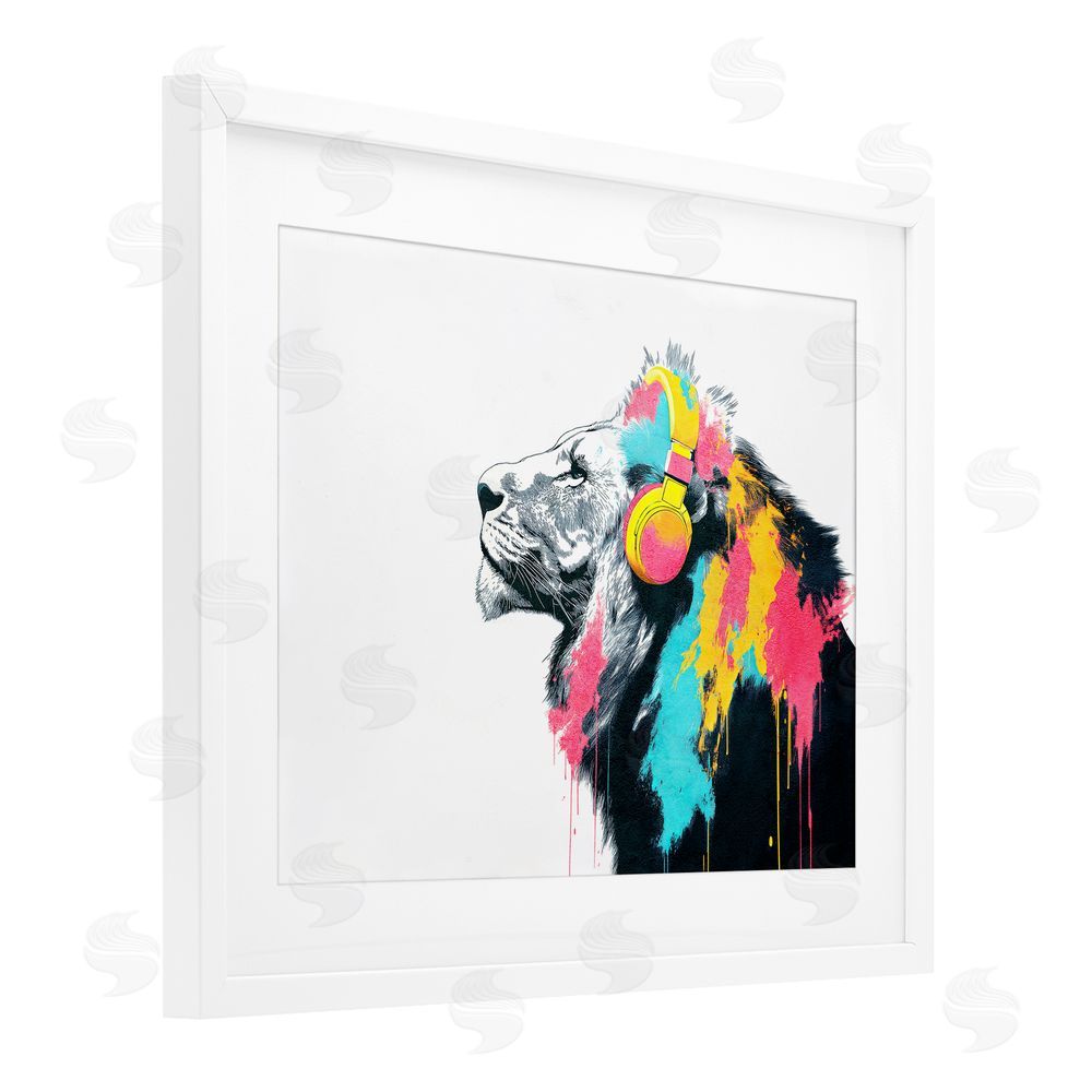 Svetlana Aleynikova Lion On Air Headphones White Framed Print Under Glass Wall Art