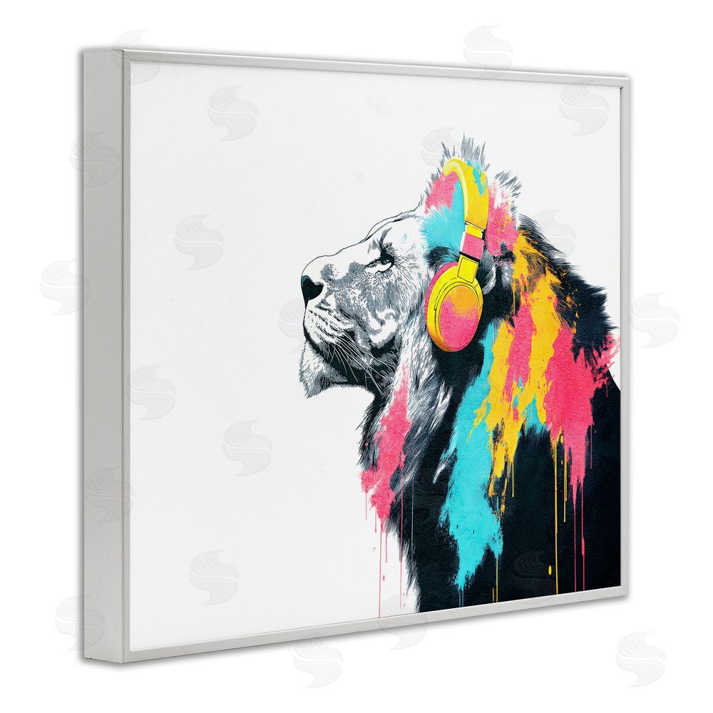 Svetlana Aleynikova Lion On Air Headphones White Framed Giclee Wall Art Print