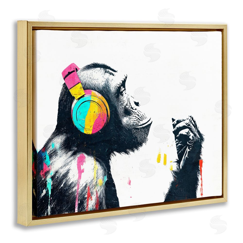 Svetlana Aleynikova Ape On Air Headphones Gold Floating Frame Canvas Wall Art Print