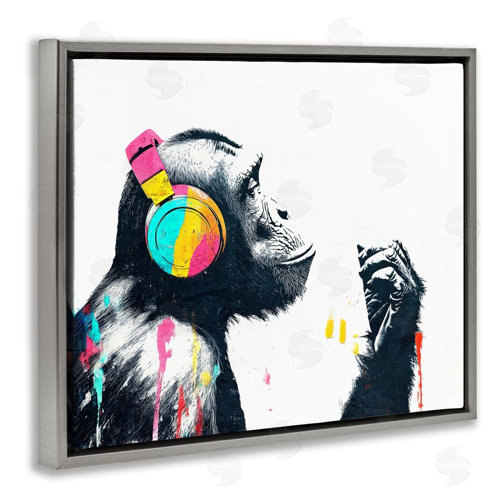 Svetlana Aleynikova Ape On Air Headphones Gray Floating Frame Canvas Wall Art Print