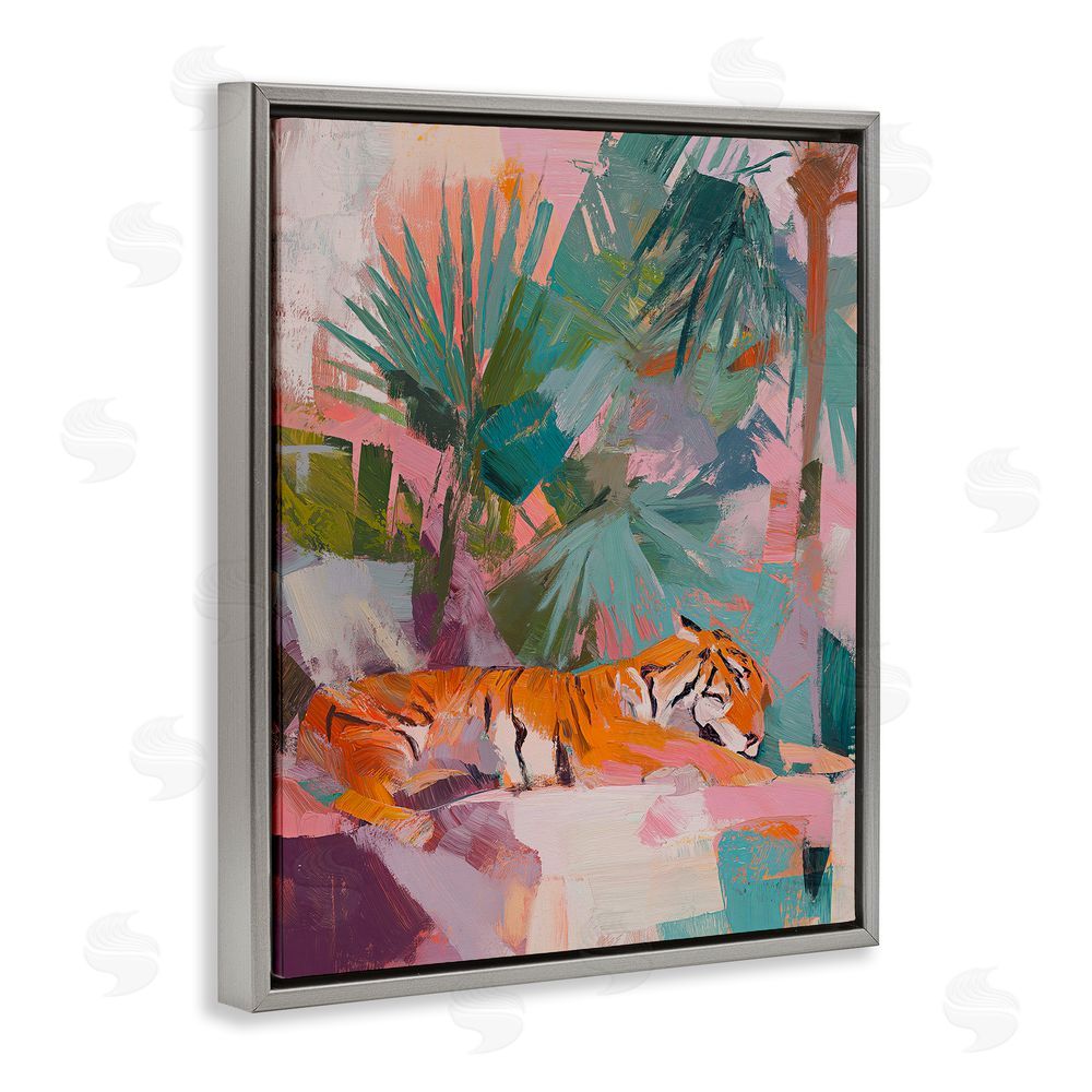 Svetlana Aleynikova Resting Tiger Beneath Leaves Gray Floating Frame Canvas Wall Art Print