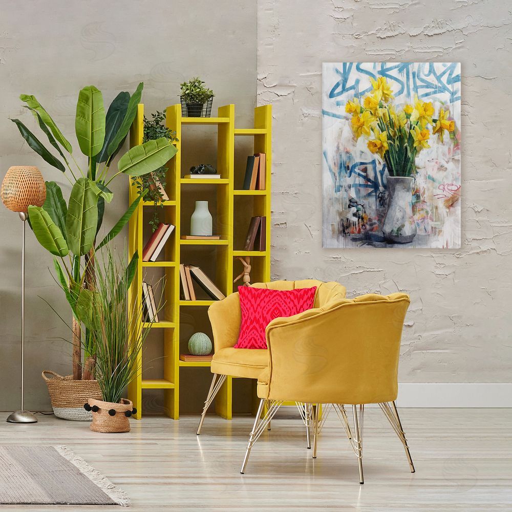 Svetlana Aleynikova Color Clash Daffodils & Graffiti Stretched Canvas Wall Art in Room