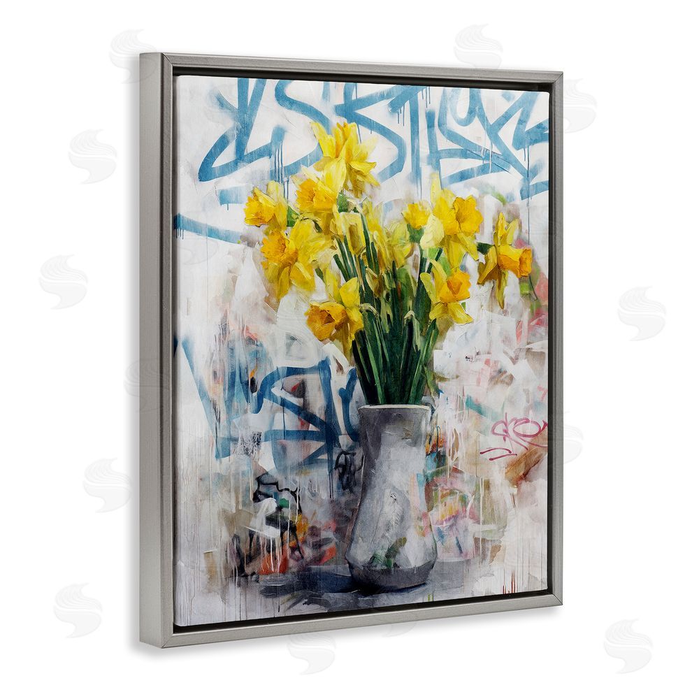 Svetlana Aleynikova Color Clash Daffodils & Graffiti Gray Floating Frame Canvas Wall Art Print