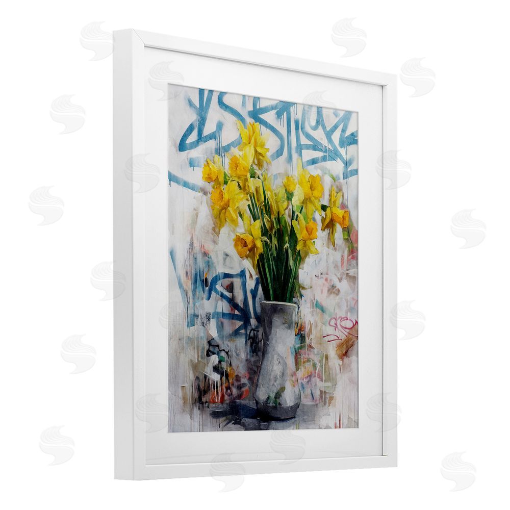 Svetlana Aleynikova Color Clash Daffodils & Graffiti White Framed Print Under Glass Wall Art
