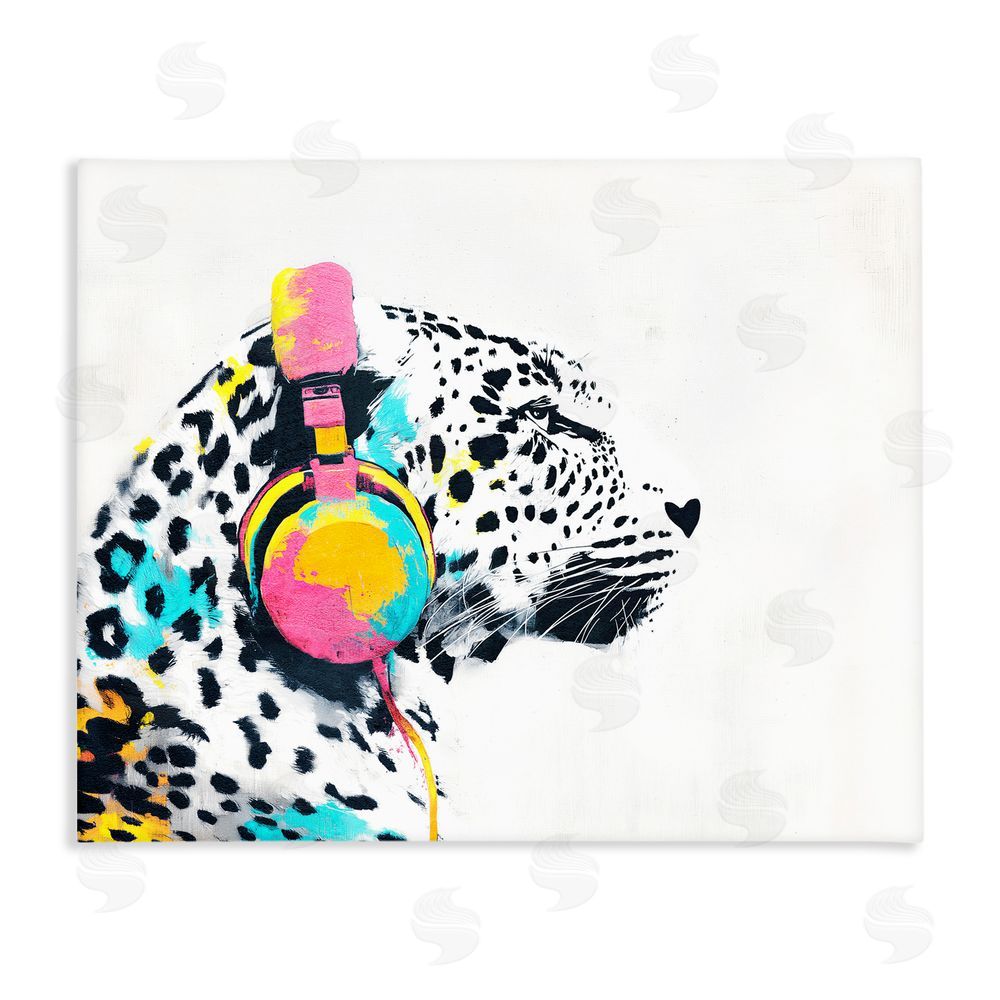 Svetlana Aleynikova Leopard On Air Headphones Stretched Canvas Wall Art Print