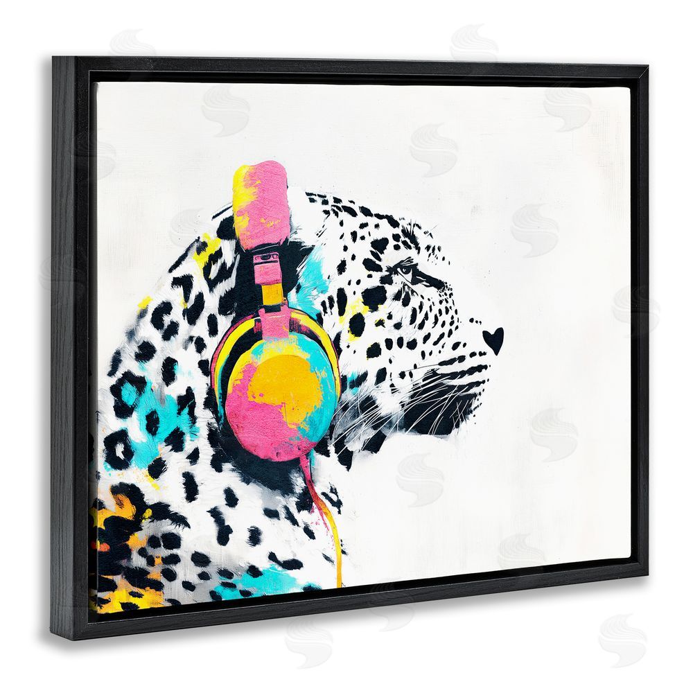 Svetlana Aleynikova Leopard On Air Headphones Black Floating Frame Canvas Wall Art Print