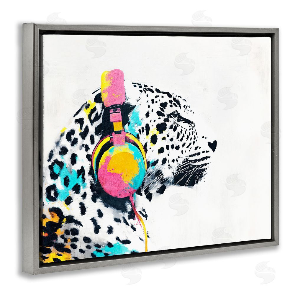 Svetlana Aleynikova Leopard On Air Headphones Gray Floating Frame Canvas Wall Art Print