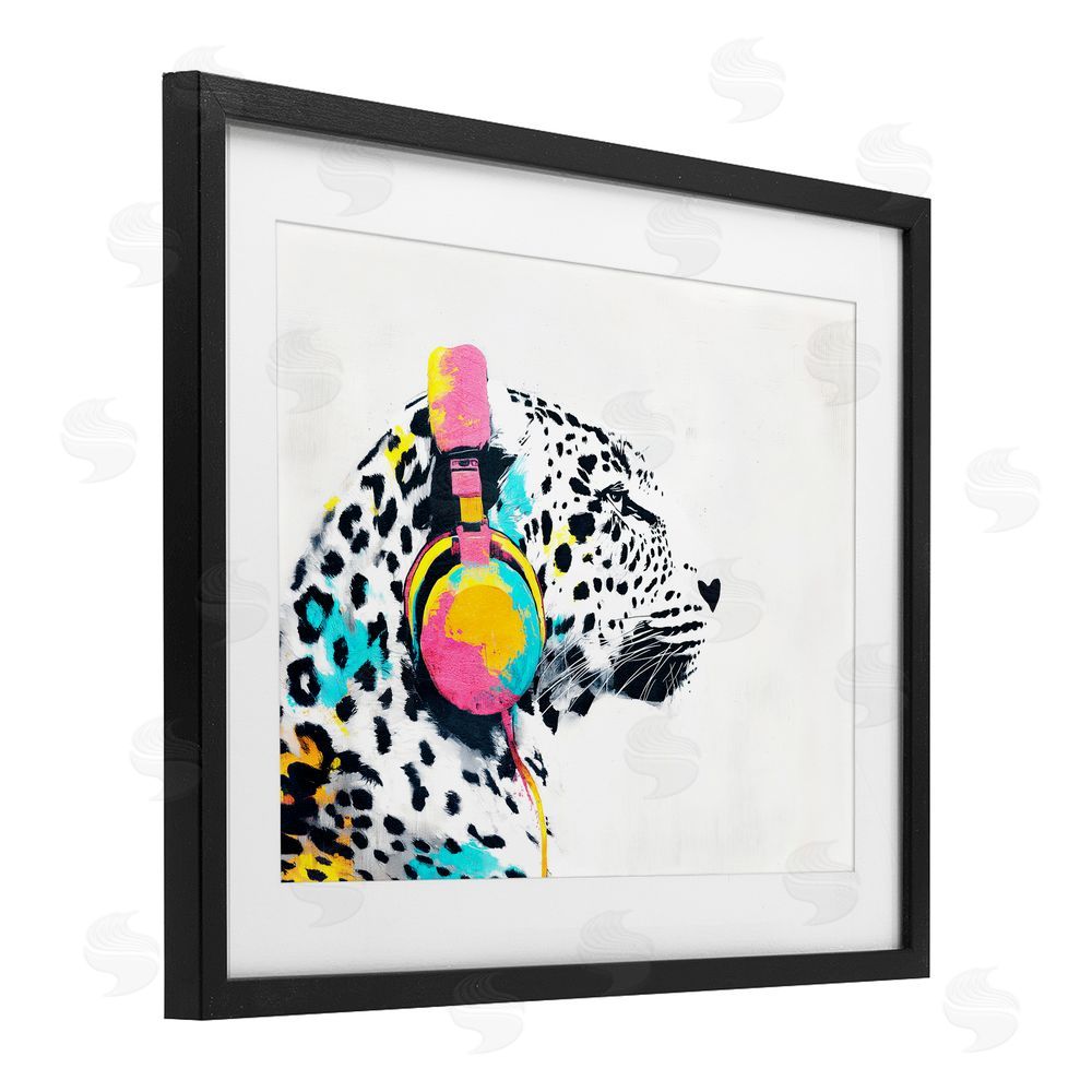 Svetlana Aleynikova Leopard On Air Headphones Black Framed Print Under Glass Wall Art