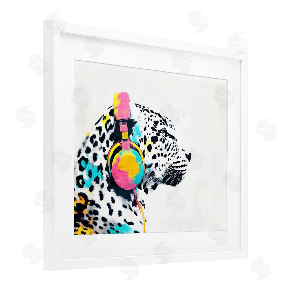 Svetlana Aleynikova Leopard On Air Headphones White Framed Print Under Glass Wall Art