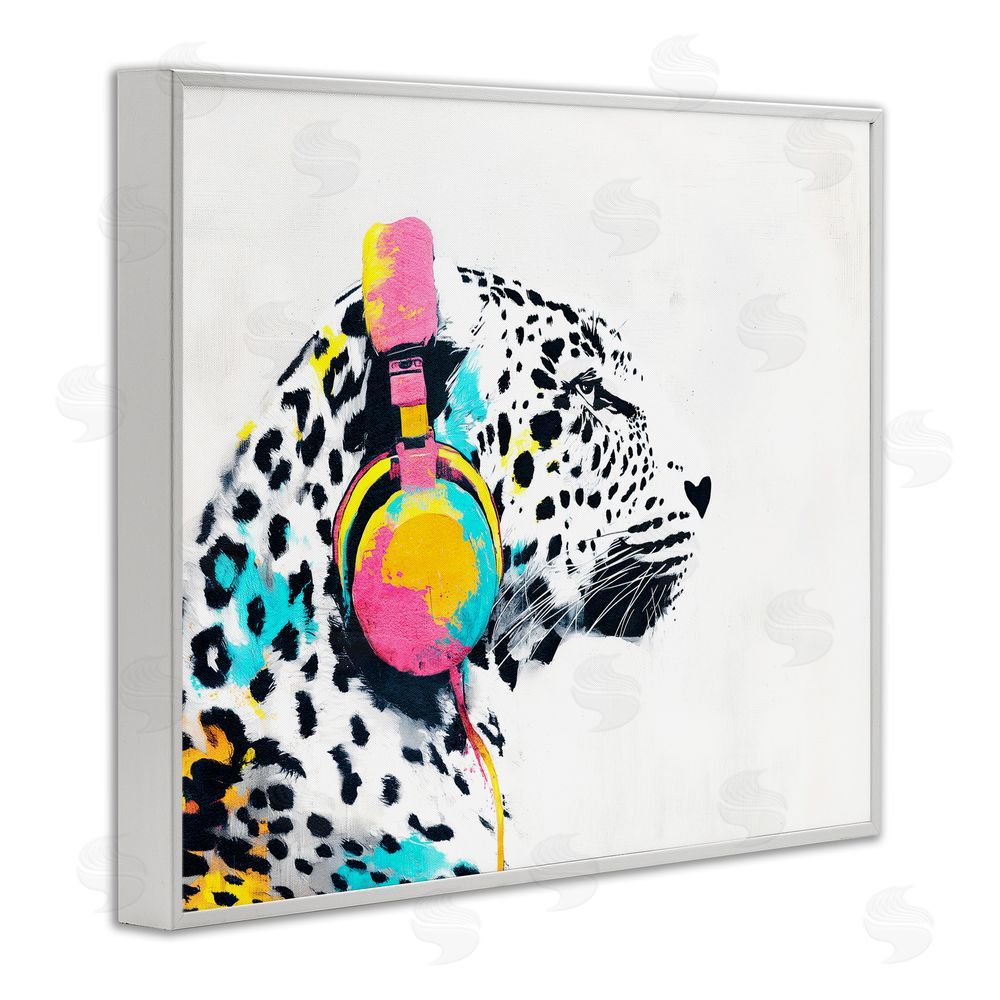 Svetlana Aleynikova Leopard On Air Headphones White Framed Giclee Wall Art Print