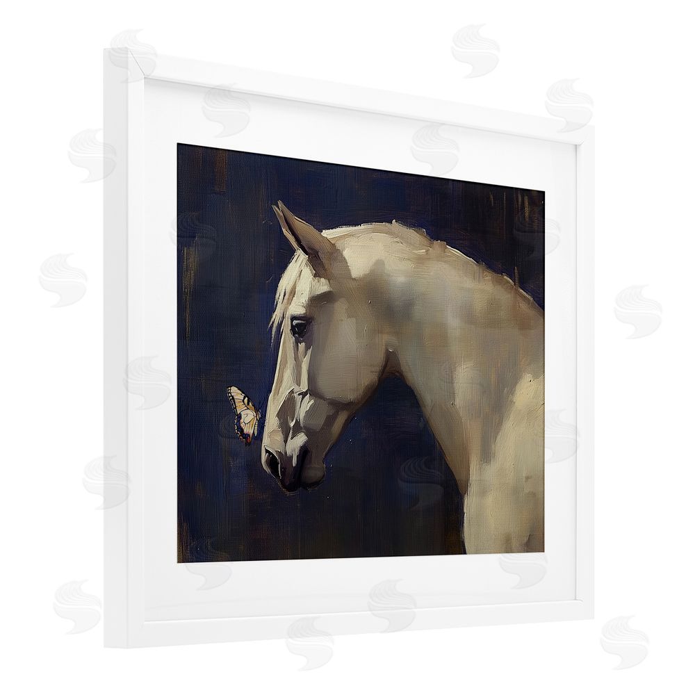 Svetlana Aleynikova Peaceful Meeting Horse & Butterfly White Framed Print Under Glass Wall Art