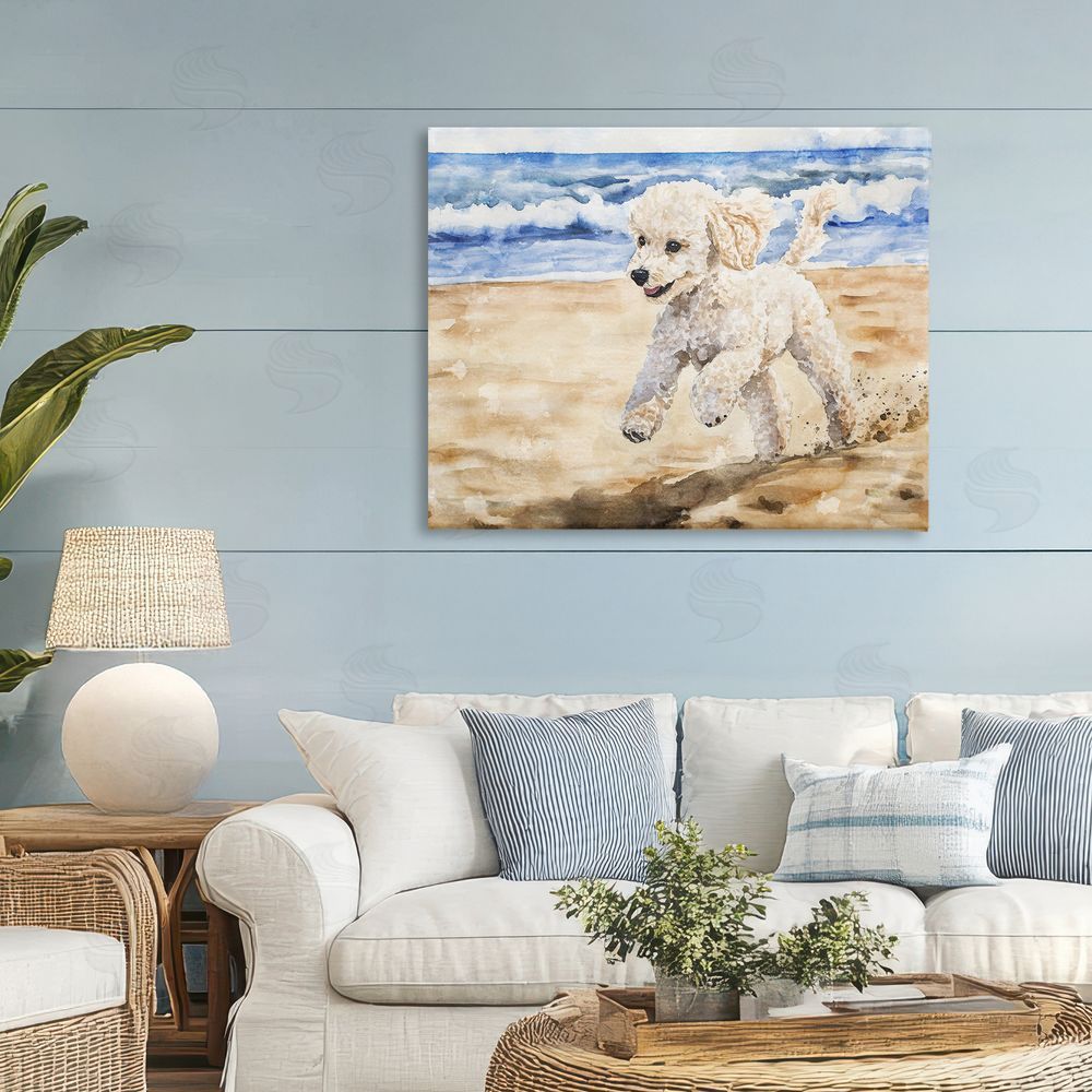 Svetlana Aleynikova Poodle's Journey on Beach Canvas Wall Art Print in Room