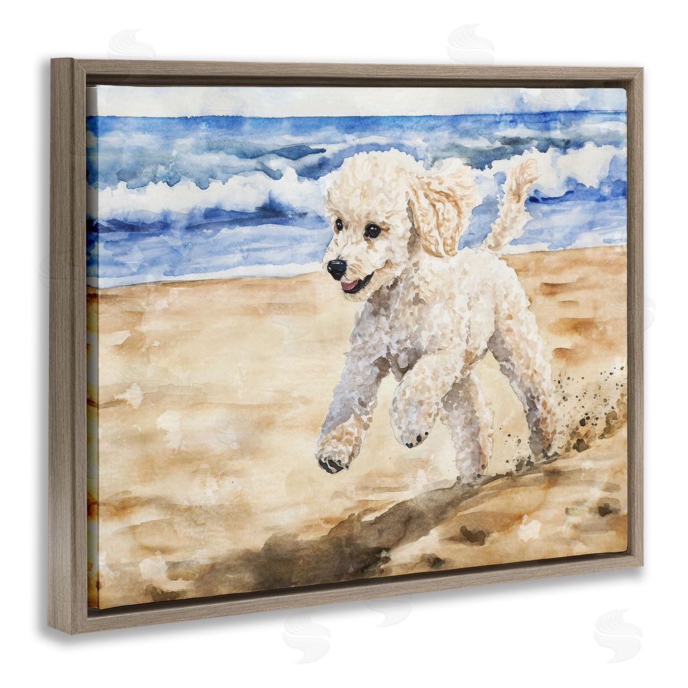 Svetlana Aleynikova Poodle's Journey on Beach Brown Floating Frame Canvas Wall Art Print