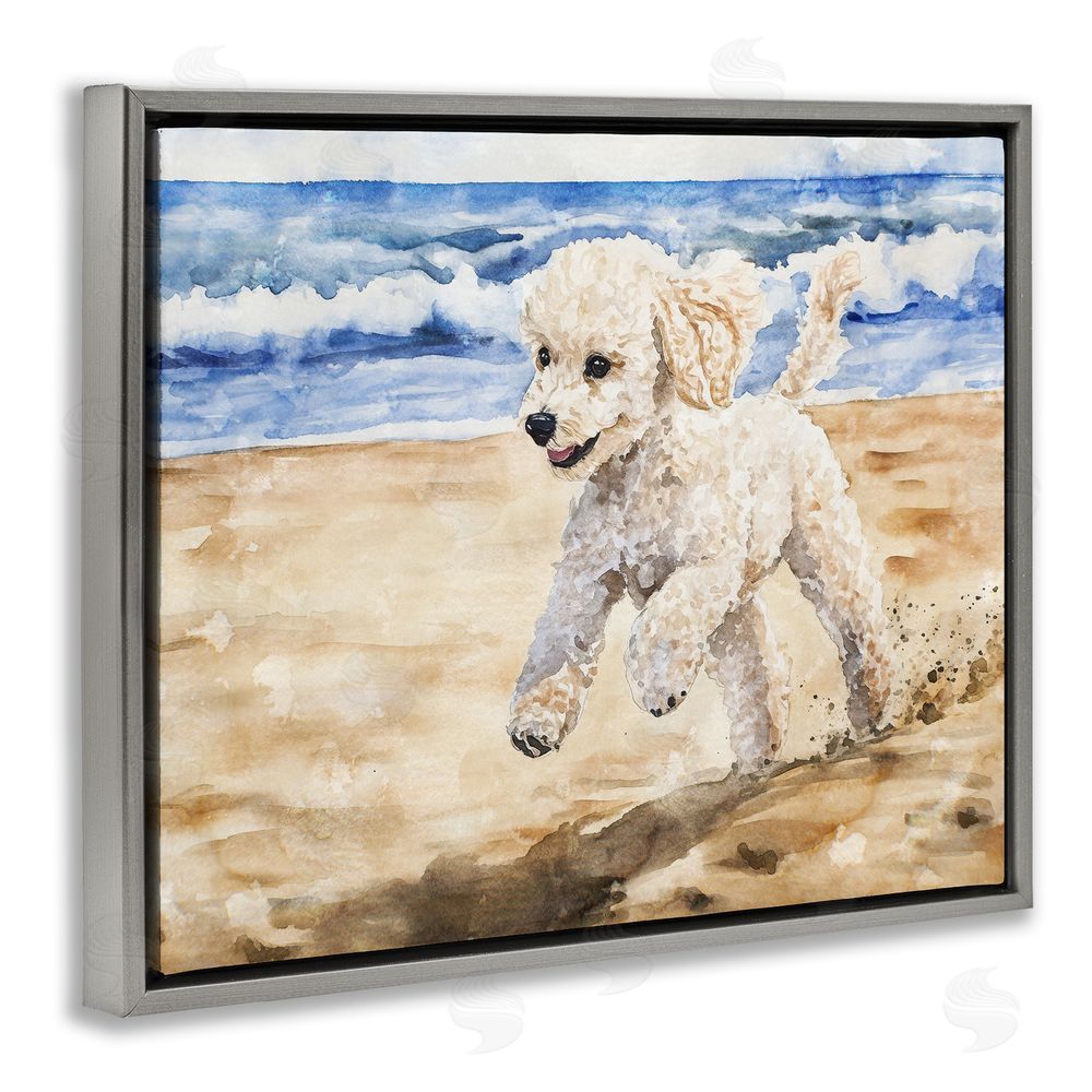 Svetlana Aleynikova Poodle's Journey on Beach Gray Floating Frame Canvas Wall Art Print