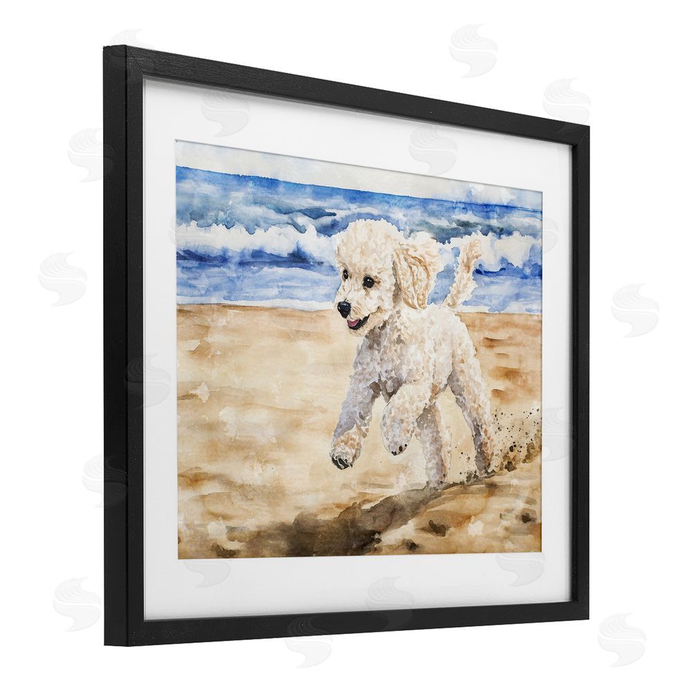 Svetlana Aleynikova Poodle's Journey on Beach Black Framed Print Under Glass Wall Art