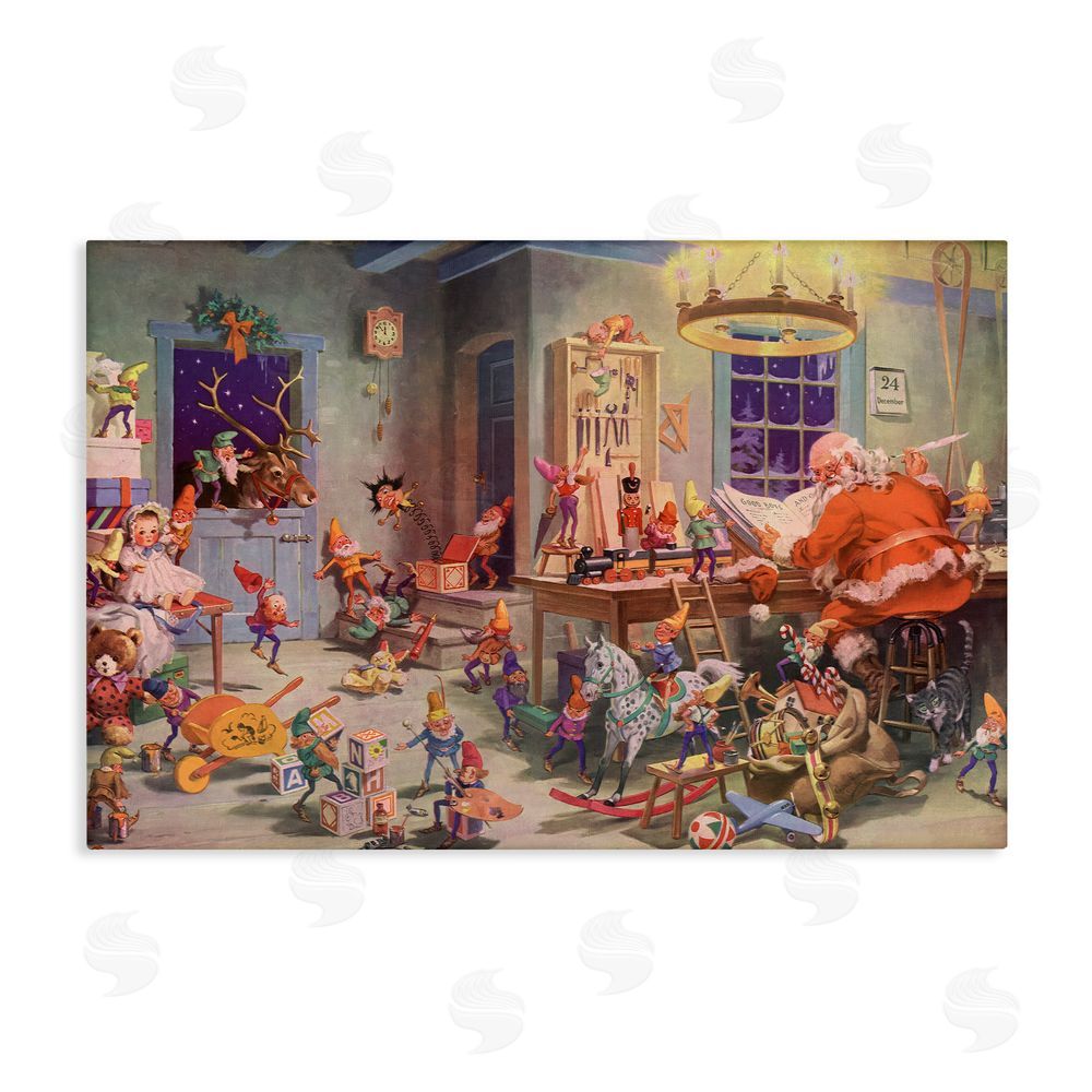 Vintage Hustle Santa's Elves Antique Scene Canvas Wall Art Print