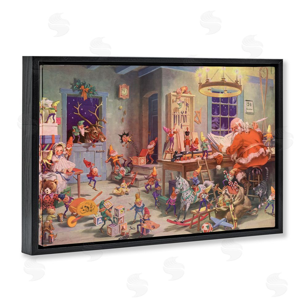 Vintage Hustle Santa's Elves Antique Scene Black Floating Frame Canvas Wall Art Print