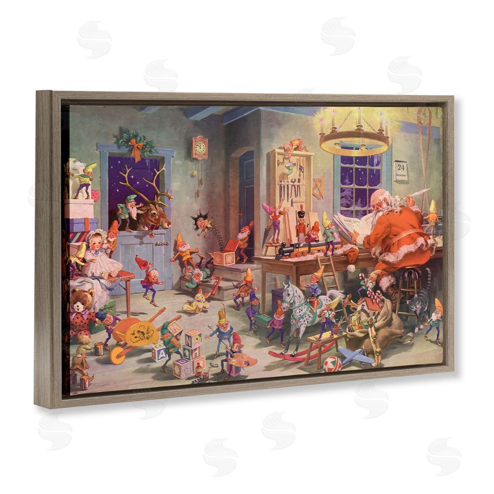 Vintage Hustle Santa's Elves Antique Scene Brown Floating Frame Canvas Wall Art Print