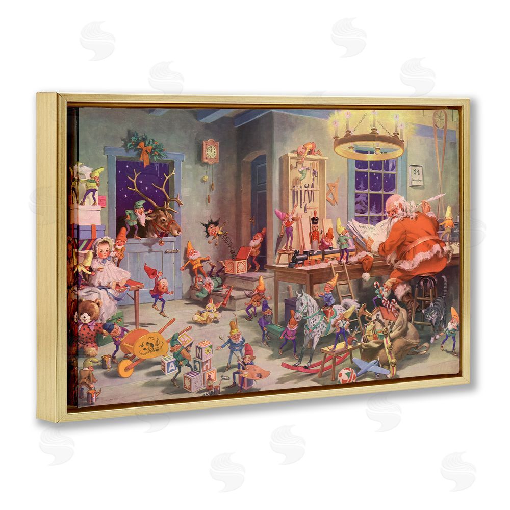 Vintage Hustle Santa's Elves Antique Scene Gold Floating Frame Canvas Wall Art Print