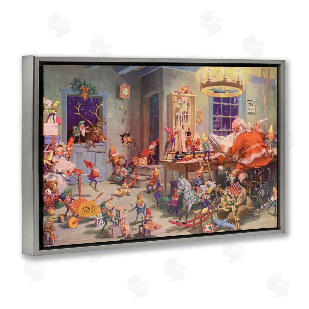 Vintage Hustle Santa's Elves Antique Scene Gray Floating Frame Canvas Wall Art Print