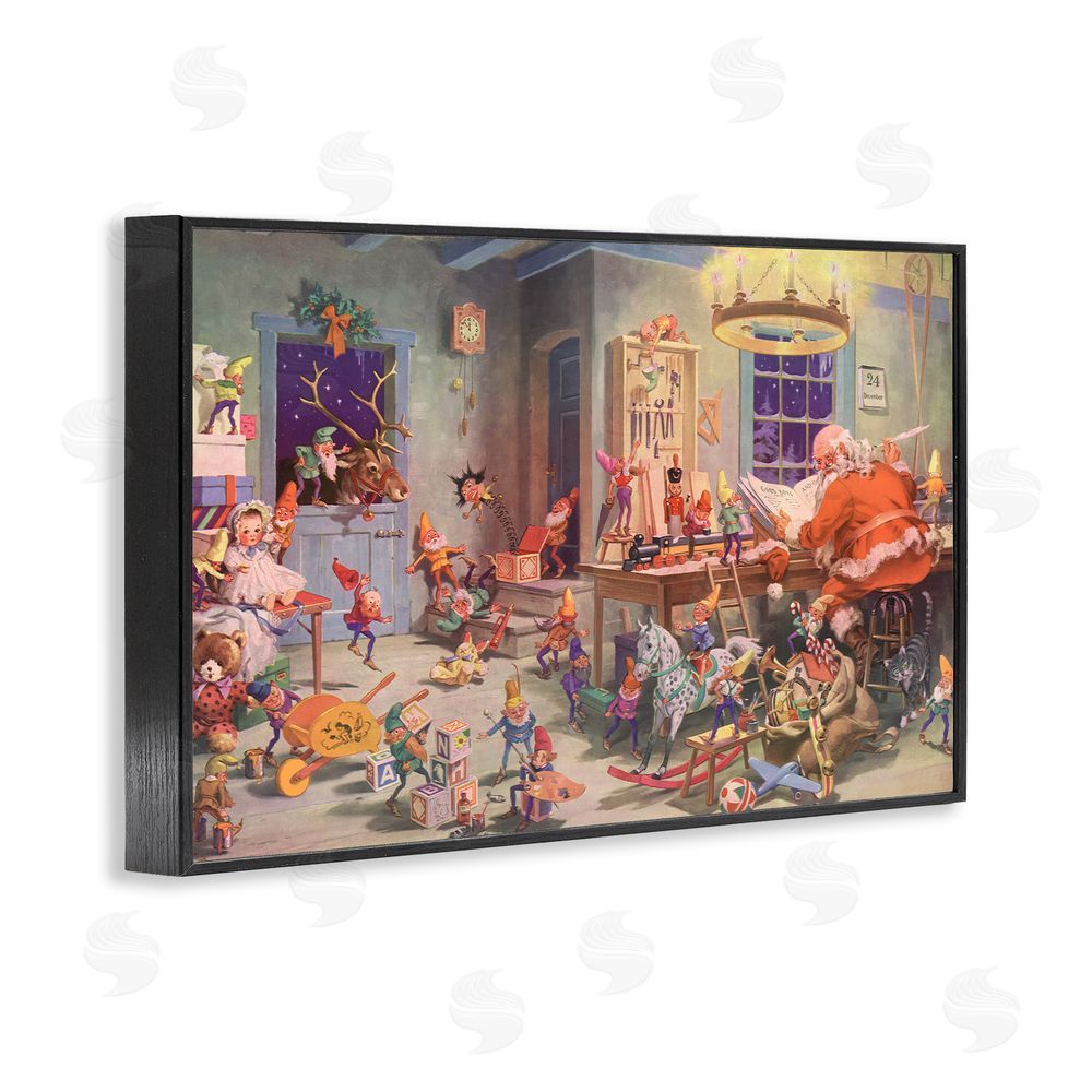 Vintage Hustle Santa's Elves Antique Scene Black Framed Giclee Wall Art Print