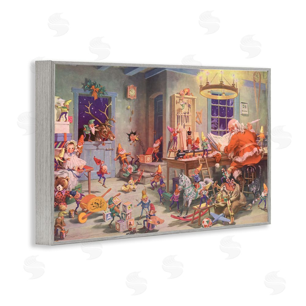 Vintage Hustle Santa's Elves Antique Scene Gray Framed Giclee Wall Art Print