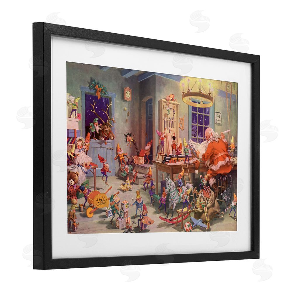 Vintage Hustle Santa's Elves Antique Scene Black Framed Print Under Glass with White Mat Wall Art