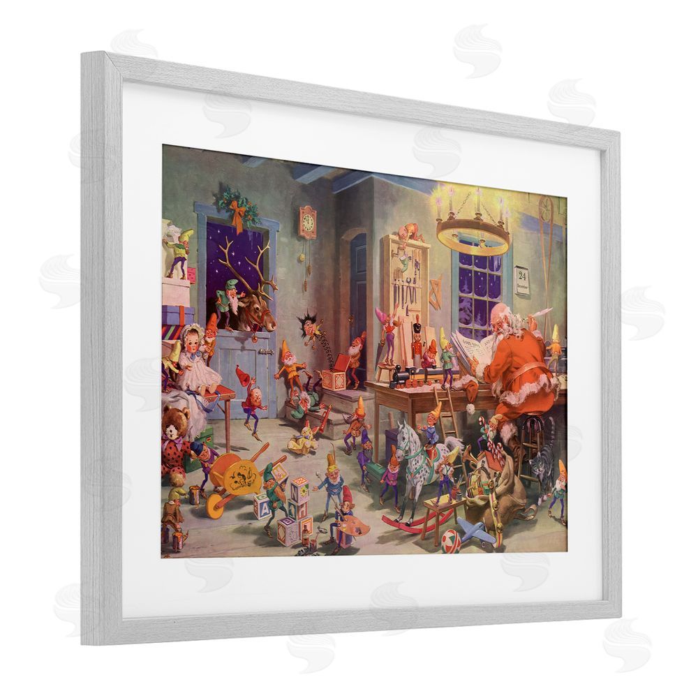 Vintage Hustle Santa's Elves Antique Scene Gray Framed Print Under Glass with White Mat Wall Art