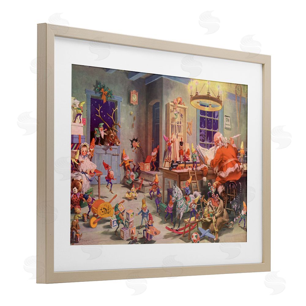 Vintage Hustle Santa's Elves Antique Scene Birch Framed Print Under Glass with White Mat Wall Art
