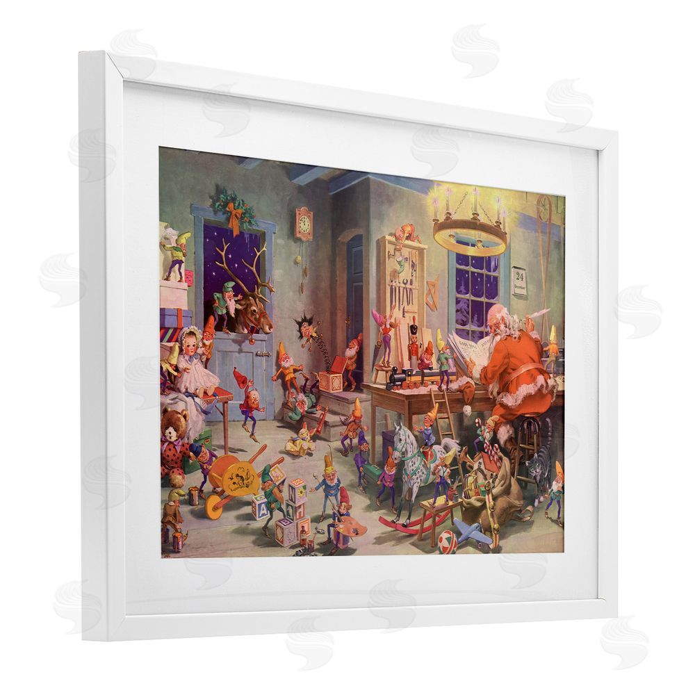 Vintage Hustle Santa's Elves Antique Scene White Framed Print Under Glass with Mat Wall Art