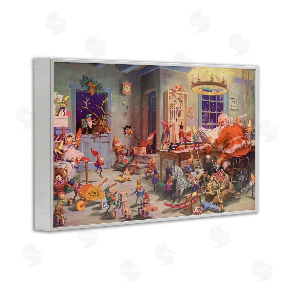 Vintage Hustle Santa's Elves Antique Scene White Framed Giclee Wall Art Print