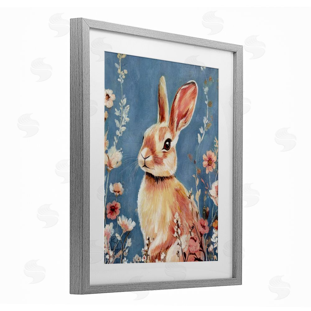 Sara Culpepper Whimsical Rabbit on Blue Gray Framed Print Under Glass Wall Art