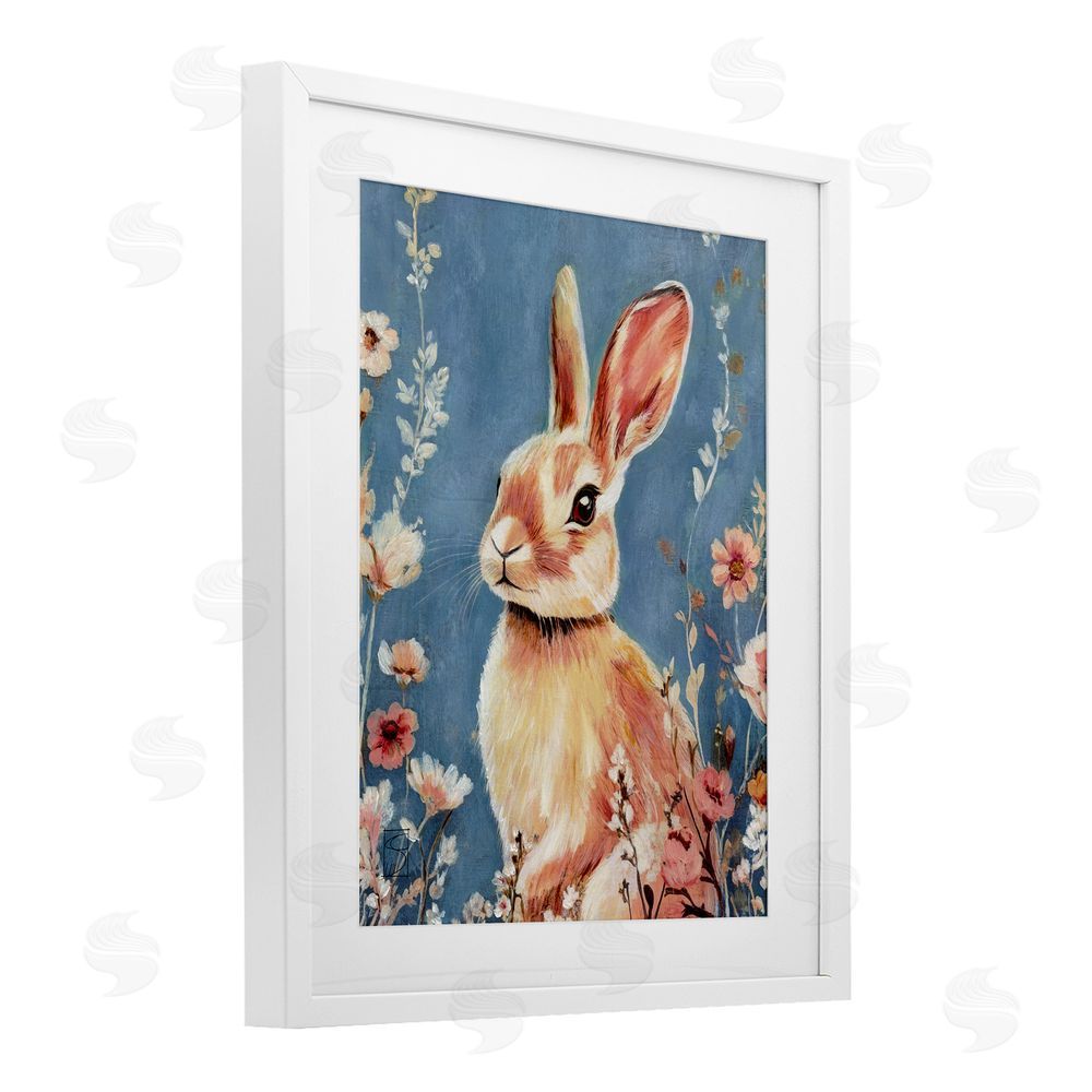 Sara Culpepper Whimsical Rabbit on Blue White Framed Print Under Glass Wall Art