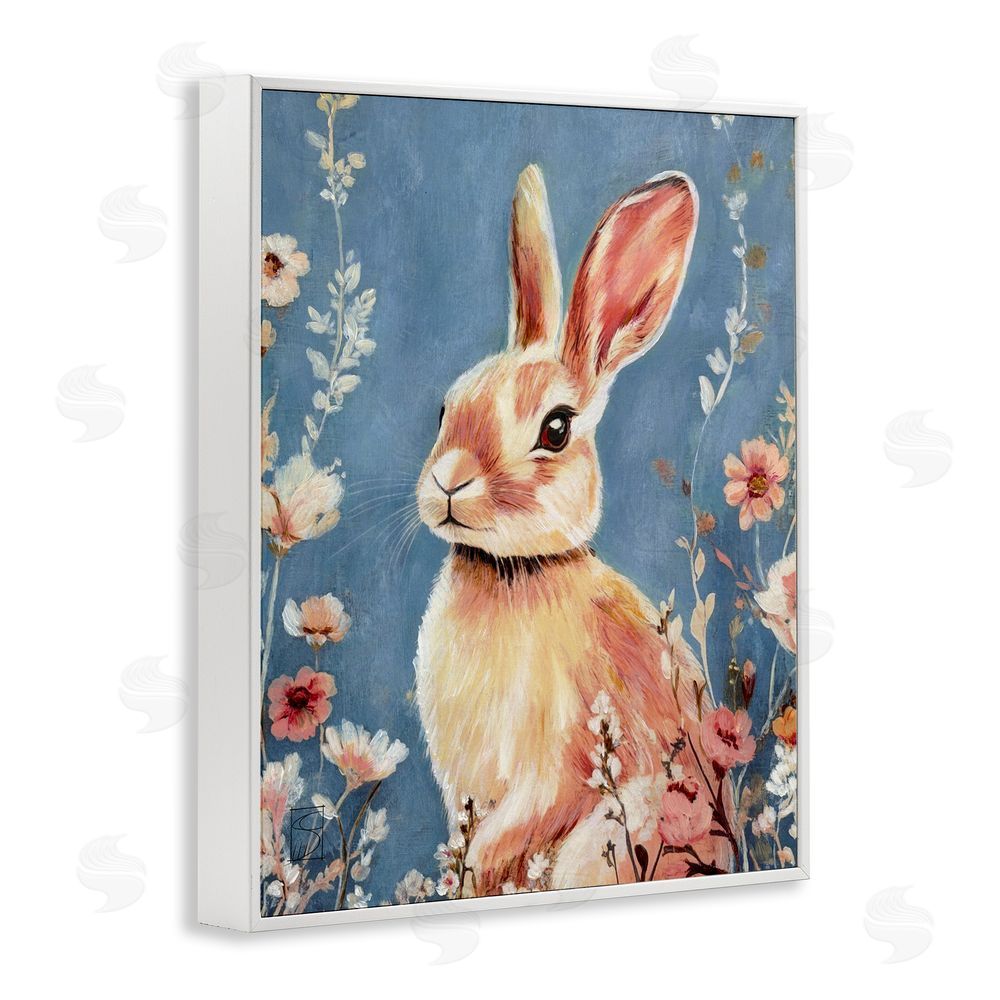 Sara Culpepper Whimsical Rabbit on Blue White Framed Giclee Wall Art Print