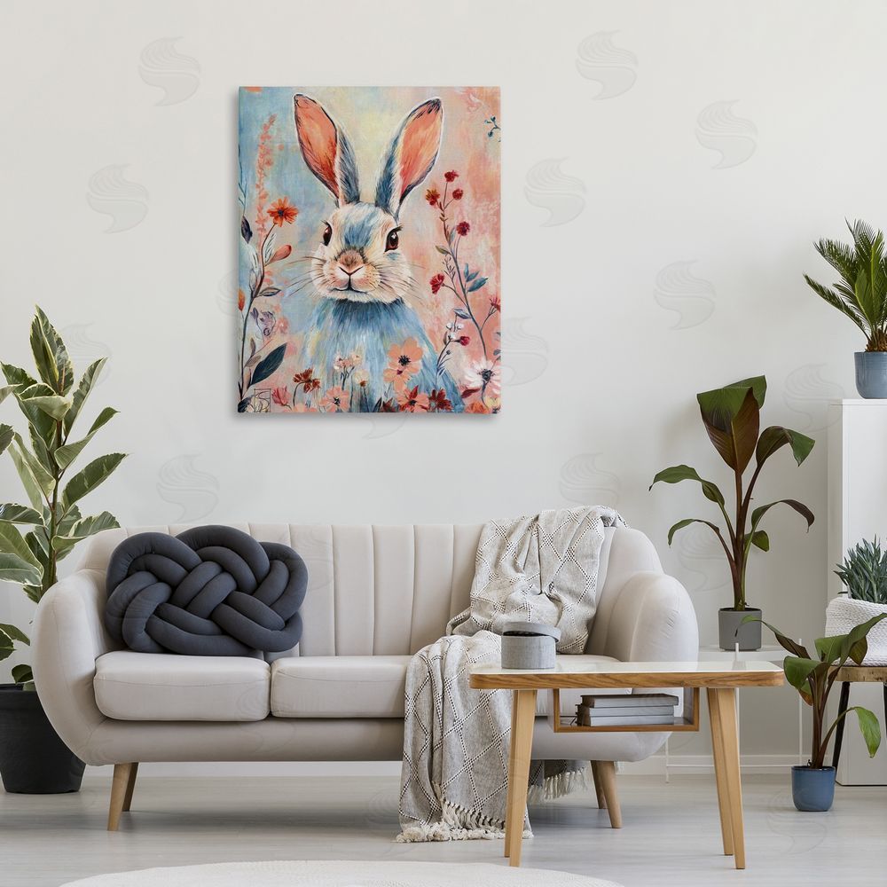 Sara Culpepper Blue Rabbit & Wildflowers Stretched Canvas Wall Art in Room