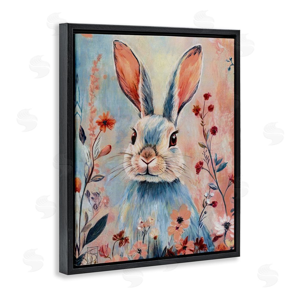 Sara Culpepper Blue Rabbit & Wildflowers Black Floating Frame Canvas Wall Art Print