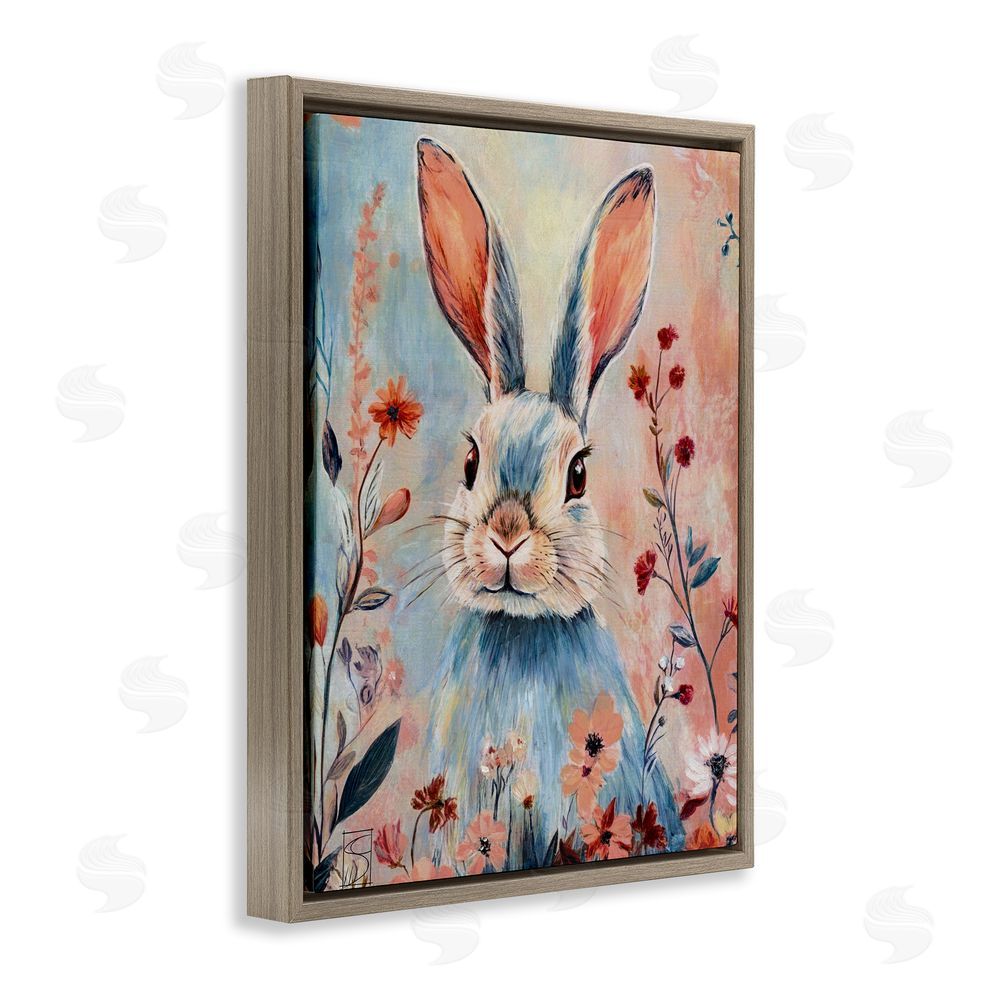 Sara Culpepper Blue Rabbit & Wildflowers Brown Floating Frame Canvas Wall Art Print