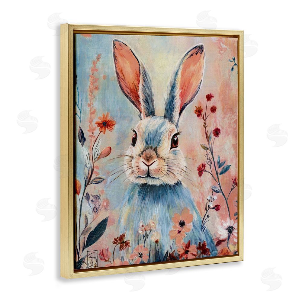 Sara Culpepper Blue Rabbit & Wildflowers Gold Floating Frame Canvas Wall Art Print