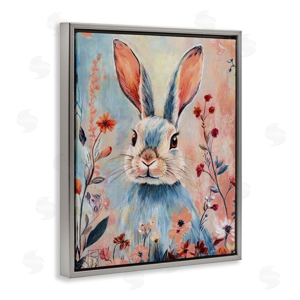 Sara Culpepper Blue Rabbit & Wildflowers Gray Floating Frame Canvas Wall Art Print