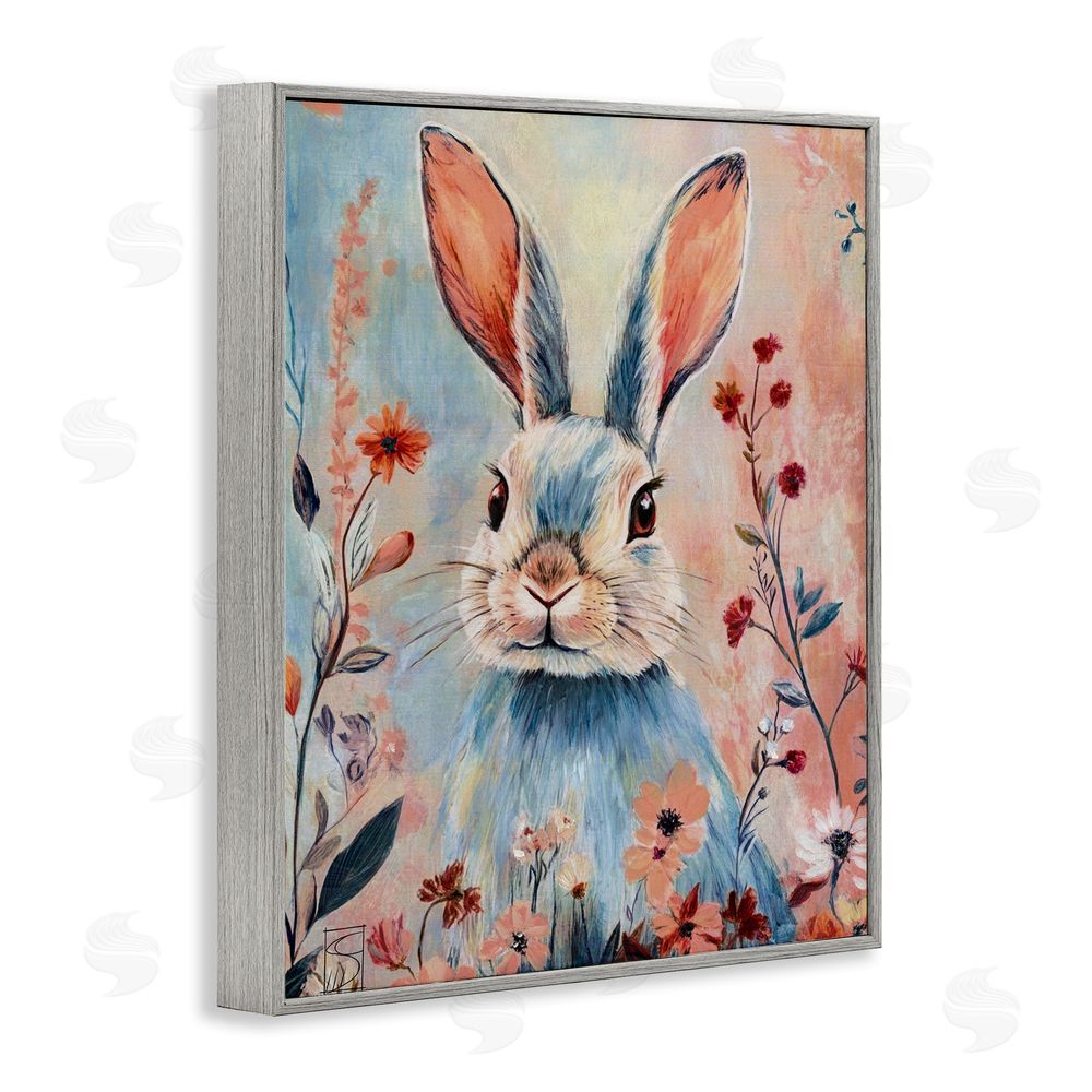 Sara Culpepper Blue Rabbit & Wildflowers Gray Framed Giclee Wall Art Print
