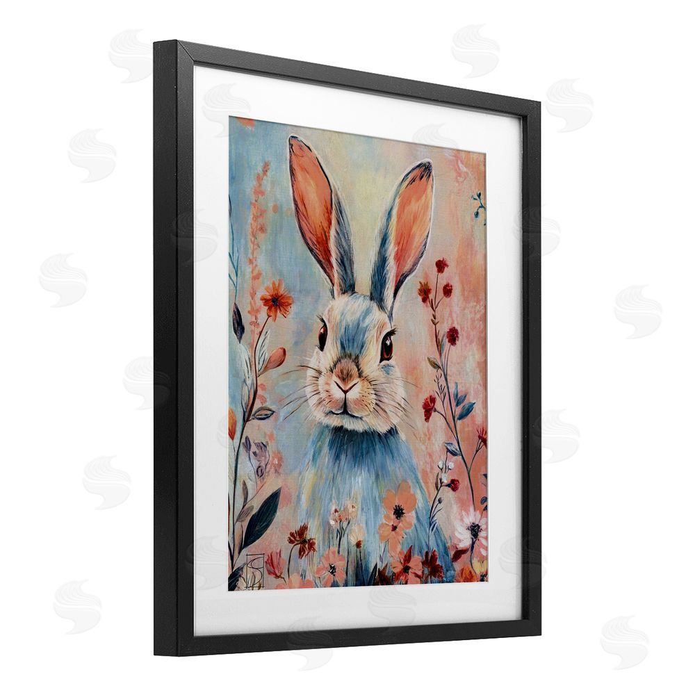 Sara Culpepper Blue Rabbit & Wildflowers Black Framed Print Under Glass Wall Art