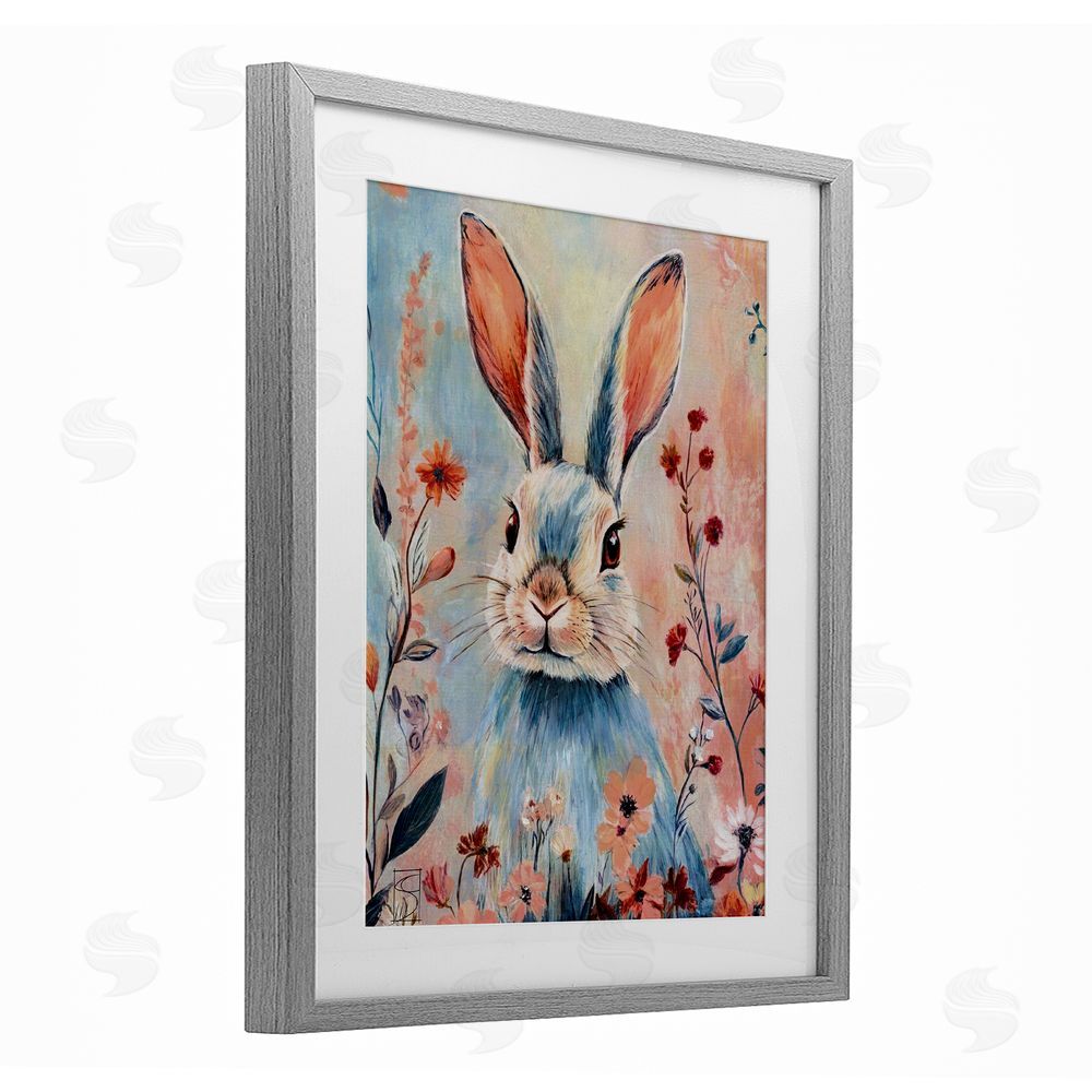 Sara Culpepper Blue Rabbit & Wildflowers Gray Framed Print Under Glass Wall Art