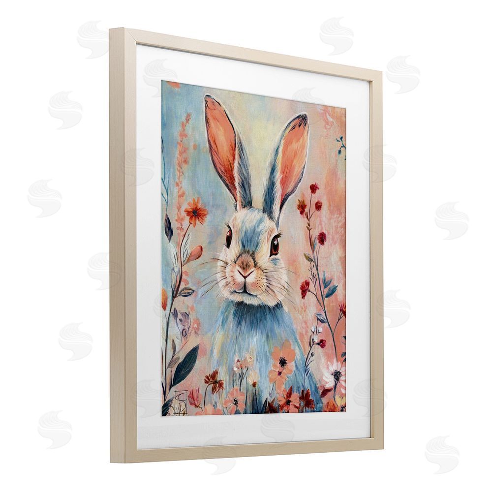Sara Culpepper Blue Rabbit & Wildflowers Birch Framed Print Under Glass Wall Art