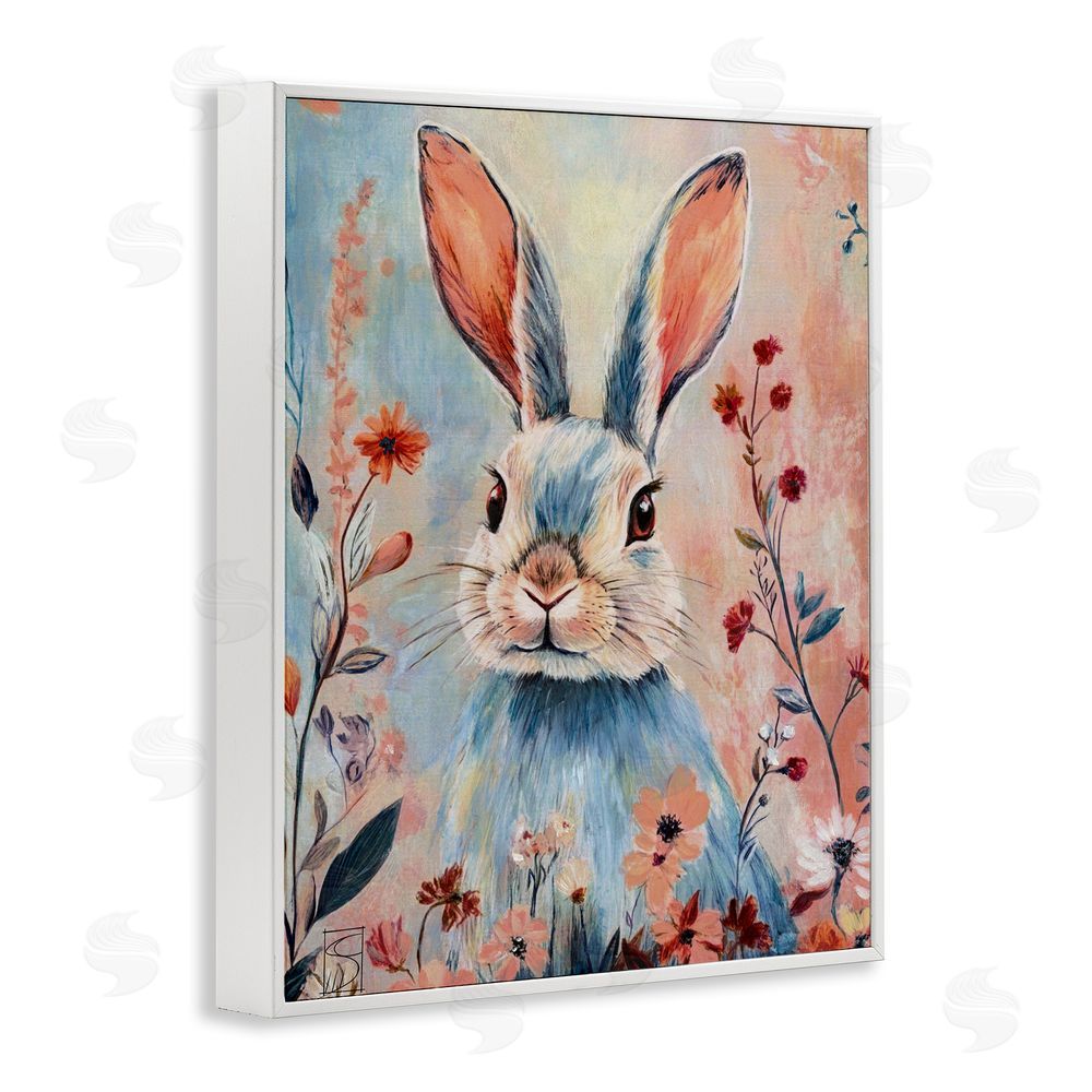Sara Culpepper Blue Rabbit & Wildflowers White Framed Giclee Wall Art Print