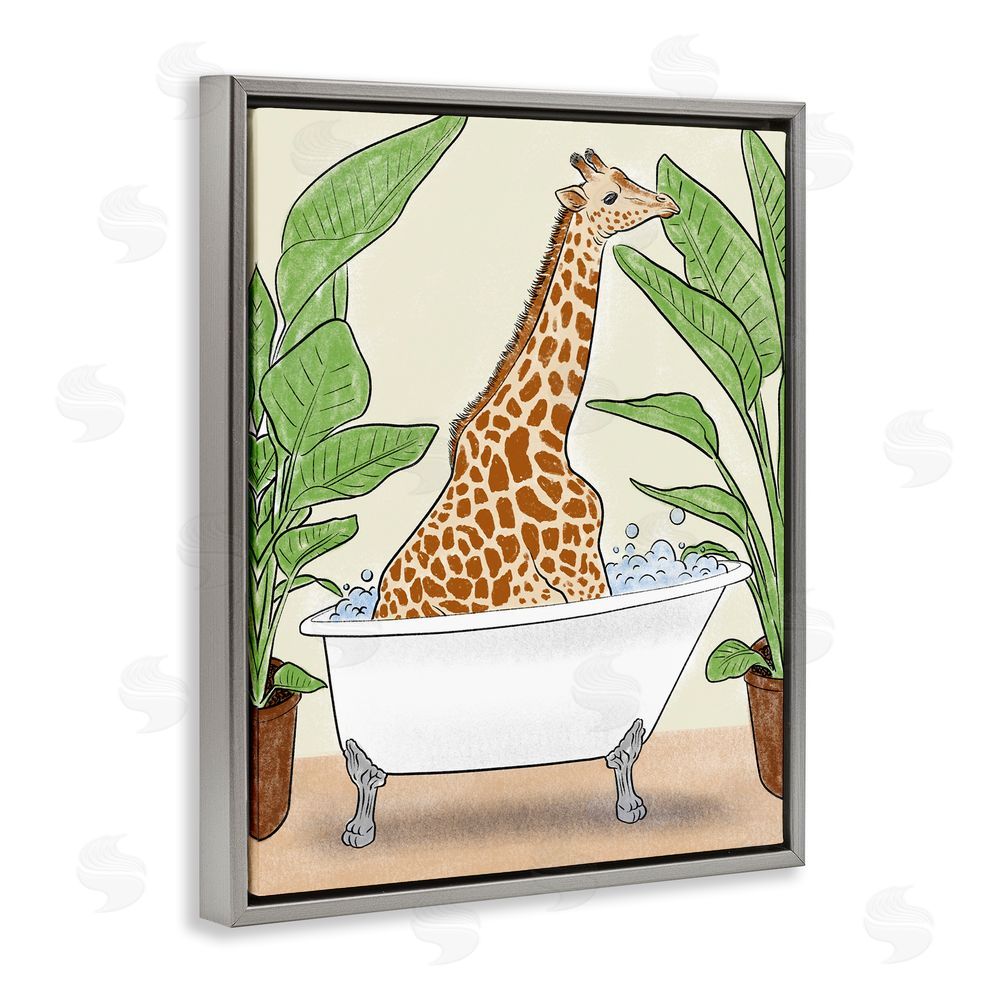 Marcus Prime Bathing Giraffe & Plants Gray Floating Frame Canvas Wall Art Print