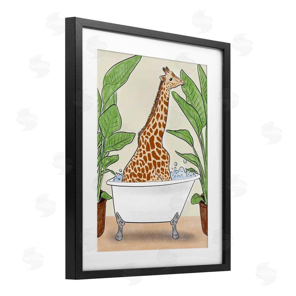 Marcus Prime Bathing Giraffe & Plants Black Framed Print Under Glass Wall Art