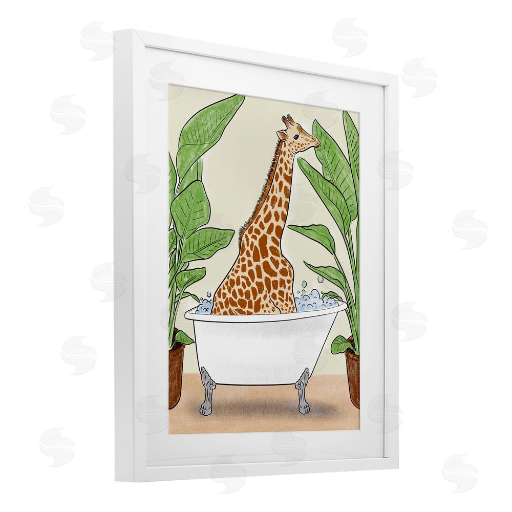 Marcus Prime Bathing Giraffe & Plants White Framed Print Under Glass Wall Art