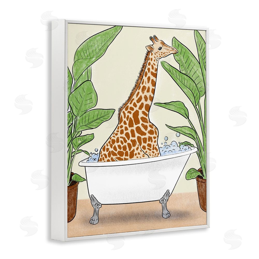 Marcus Prime Bathing Giraffe & Plants White Framed Giclee Wall Art Print