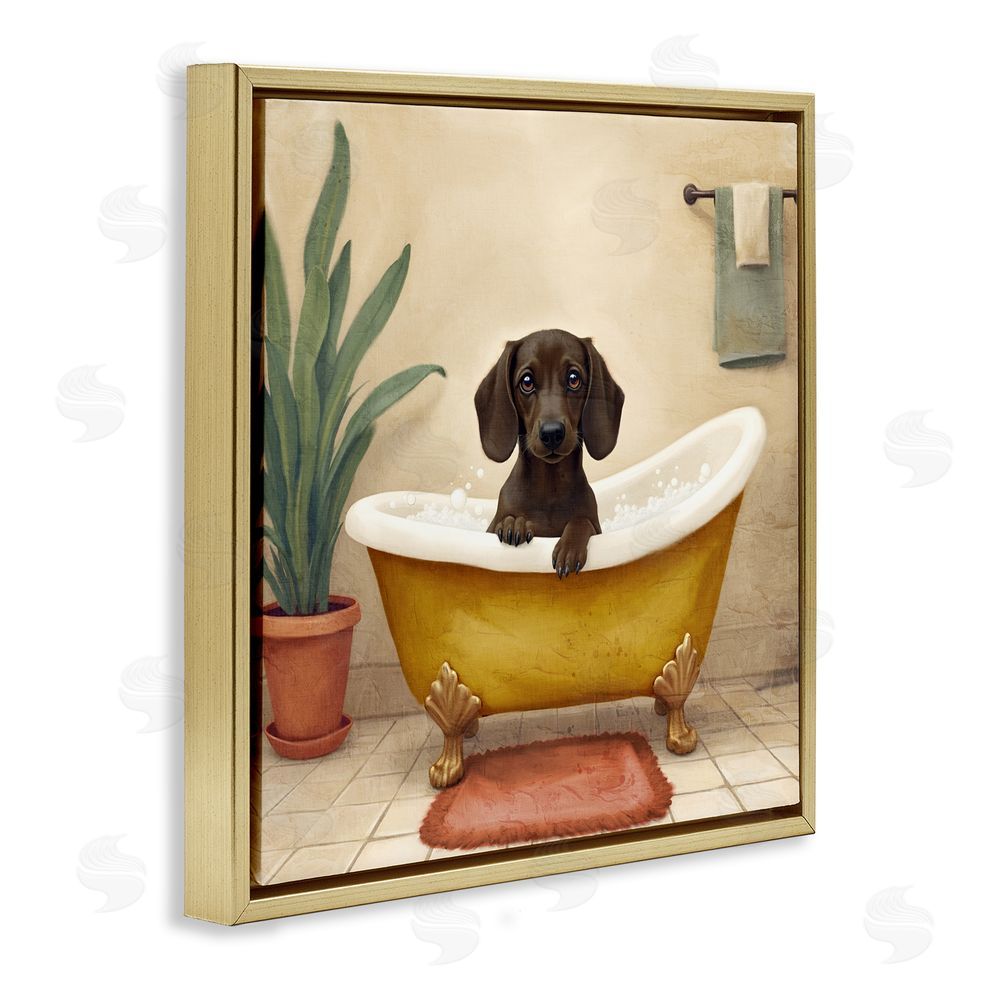 Kim Allen Bubble Bath Brown Dog Gold Floating Frame Canvas Wall Art Print