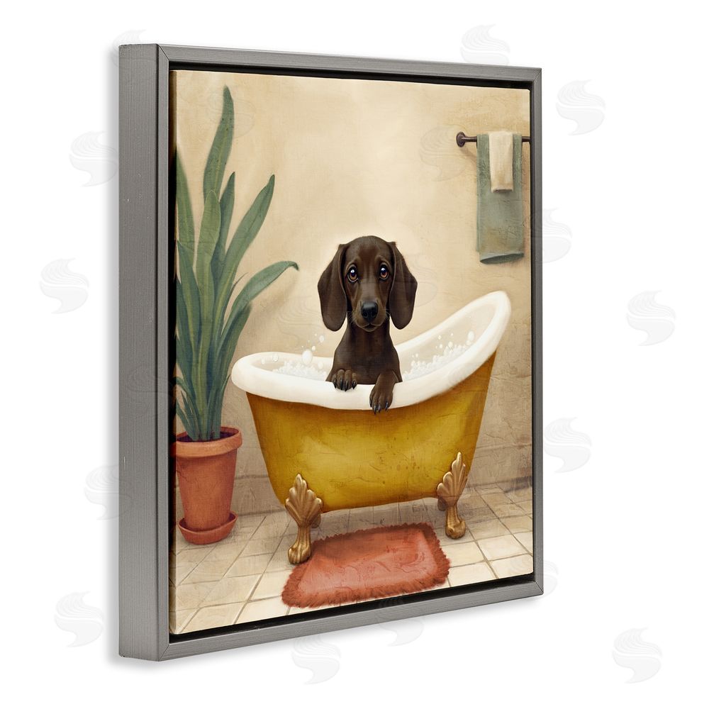 Kim Allen Bubble Bath Brown Dog Gray Floating Frame Canvas Wall Art Print